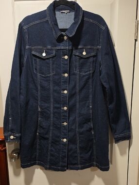 Classic Dark Blue Longline Denim Jacket - Women's Jean Coat